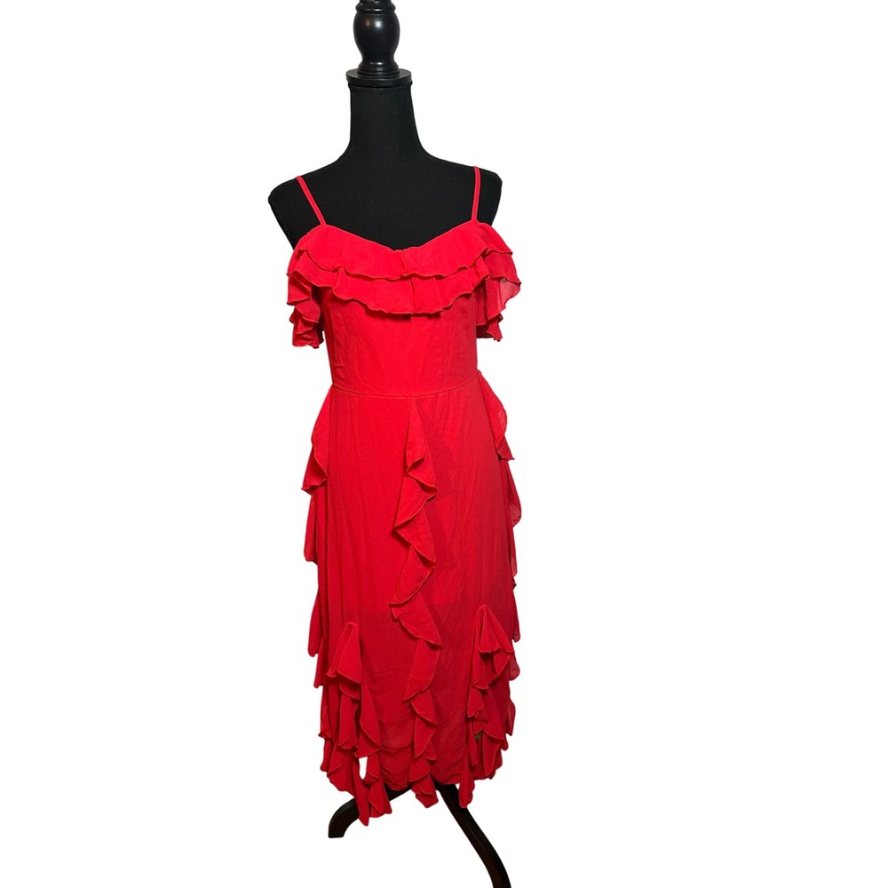 EillyBazar Red Ruffle Cold Shoulder Midi Dress Adjustable Straps Fairy Holiday